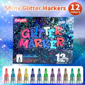 Metallic Glitter Art Markers Set - 12 Vibrant Colors Quick-Dry 0.7mm Water-based Ink, Sparkling Accents to Bullet Journals, Greeting Cards, Scrapbooking & DIY Photo Albums,Essential Art Supplies,Perfect Birthday Party Favors,Classroom Rewards for Kids