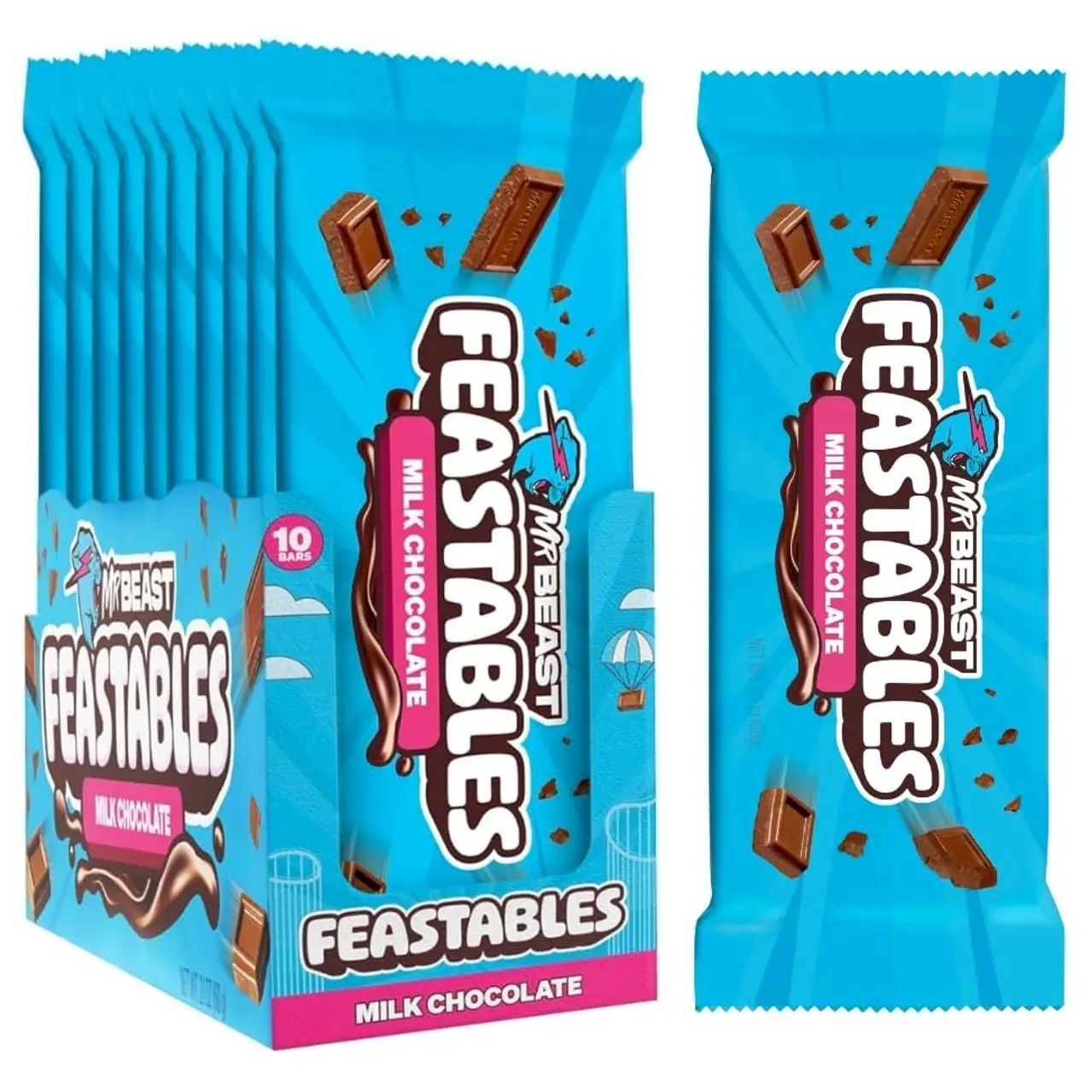 MrBeast Feastables Caramel Chocolate Bar, King Size, 10 Count, Smooth Caramel Filled Chocolate Candy, Fairtrade Cocoa, 2.1oz Each