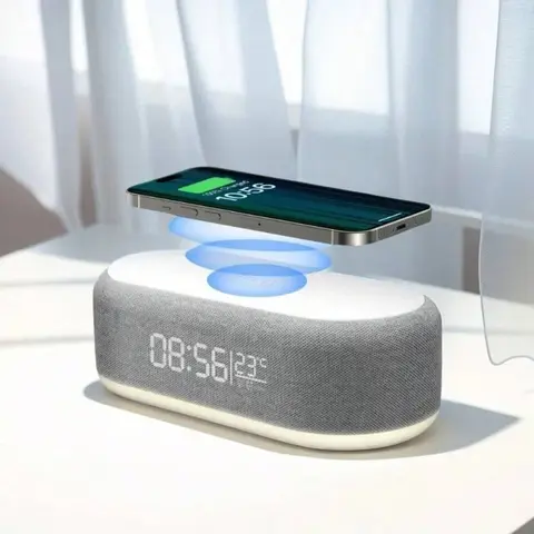 15W Wireless Charging Dock with Digital Alarm Clock, Adjustable Night Light, Time Temp LCD Digital Display, for Smartphone, iPhone 16-11/X, Samsung S25-S10, Galaxy Buds (Bedroom Desk Use), Wireless Charging Compatible