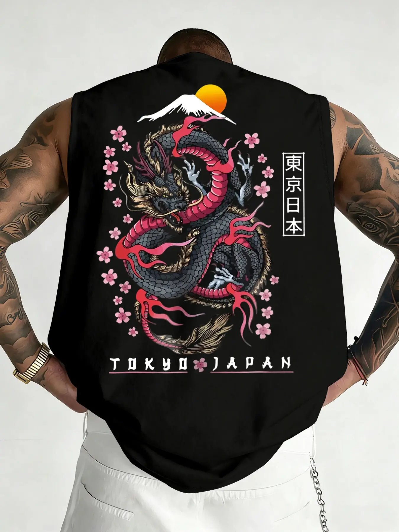 Men's Sakura Dragon Graphic Print Casual Comfortable Round Neck Sleeveless Workout Vest Top, Sleeveless Sports Vests, Workout Clothing, Workout Tank, Summer Outdoor Fitness Sports Wear