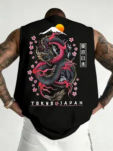 Men's Sakura Dragon Graphic Print Casual Comfortable Round Neck Sleeveless Workout Vest Top, Summer Outdoor Fitness Sports Wear
