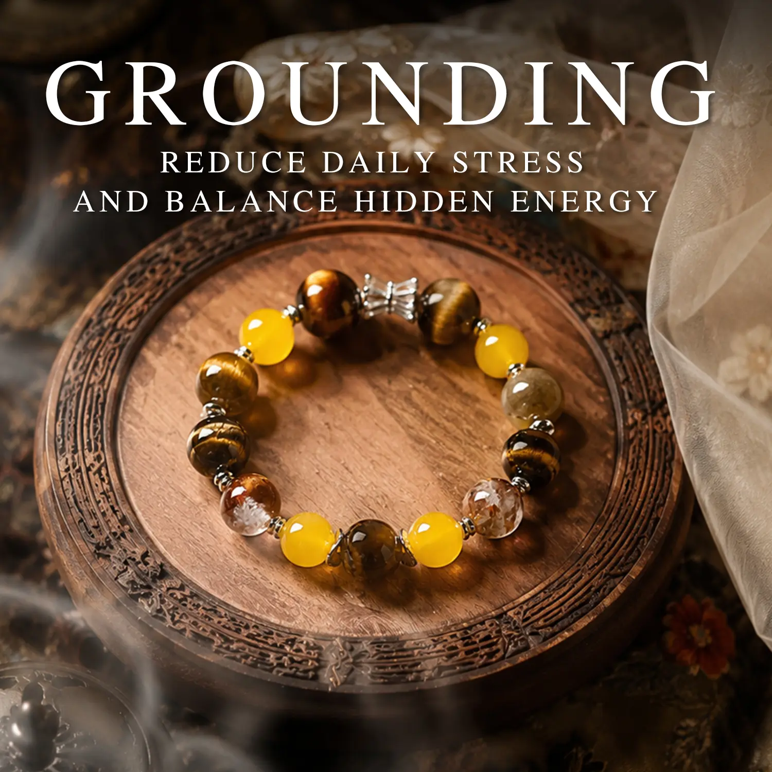 LUMAWU Unisex Earth Element Crystal Bracelet - 12mm Yellow Tiger's Eye & Yellow Agate for Stability, Wealth, 5 Elements, Daily Wear with Natural Variations, Tiger Eye, Five Elements