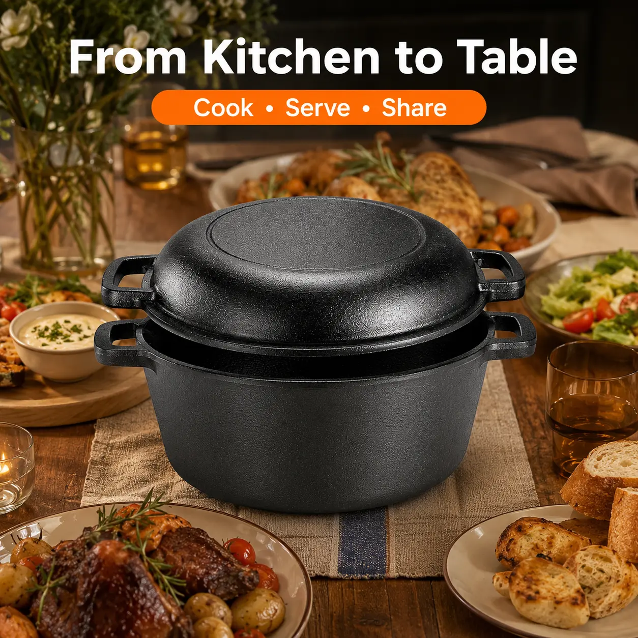 TLGREEN Cast Iron Cookware Set - 5.1-Qt Dutch Oven with Lid, 1.9-Qt Lid (Doubles as Skillet) with Silicone Handle Holders and Iron Stand  ,Versatile for Oven, Stove, BBQ, Grill, and Campfire Use, Ideal for Camping, Outdoor Cooking