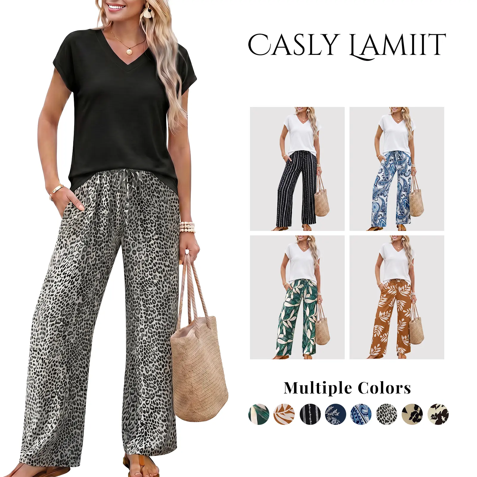Casly Lamiit Two Piece Sets for Women Summer Travel Vacation Outfits V Neck Cap Sleeve Tops Cruise Wide Leg Pants Set #SummerVibes sohochic