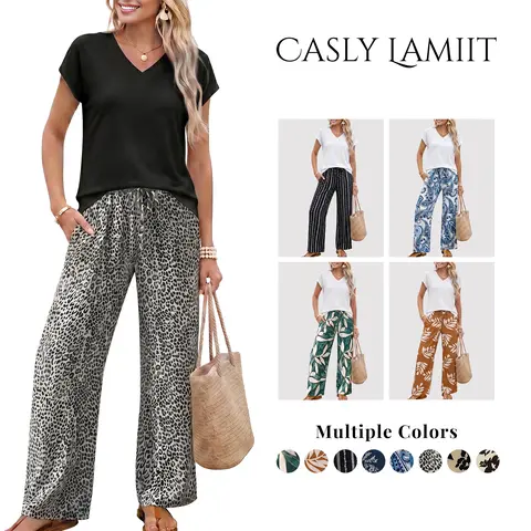 Casly Lamiit Women's 2-Piece Suit - Chic V-Neck Cap Sleeve Soft Buttoned Top, Wide Leg Pocketed Pants for Party, Summer Beach Travel Outfits (2 piece sets women)
