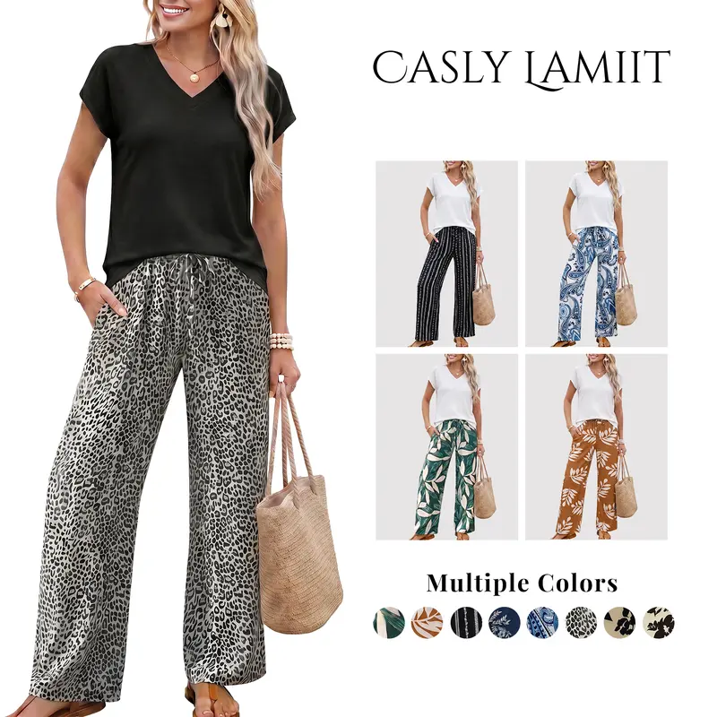 Casly Lamiit Women's 2-Piece Suit - Chic V-Neck Cap Sleeve Soft Buttoned Top, Wide Leg Pocketed Pants for Party, Summer Beach Travel Outfits (2 piece sets women)
