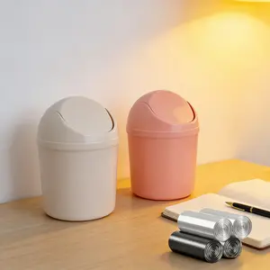 CUGBO 2-Pack 1.5L Odor-Proof Waterproof Mini Plastic Swing-Lid Wastebaskets, 120-Count Trash Bags Included, Small Desktop Bins (Pink + Beige) for Home, Office