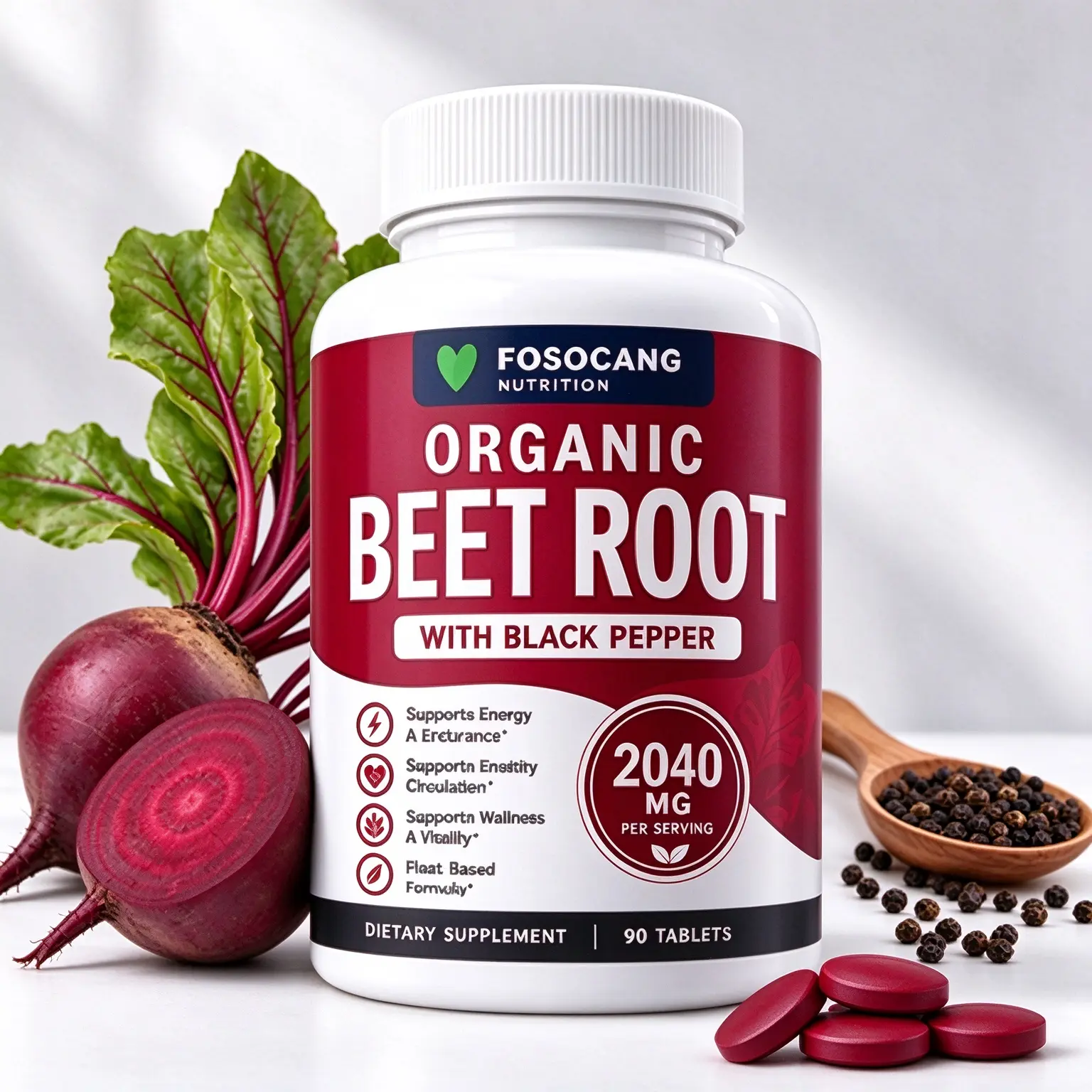 Fosocang Nutrition Organic Beet Root with Black Pepper 2040 MG Per Serving 90 Tablets Dietary Supplement