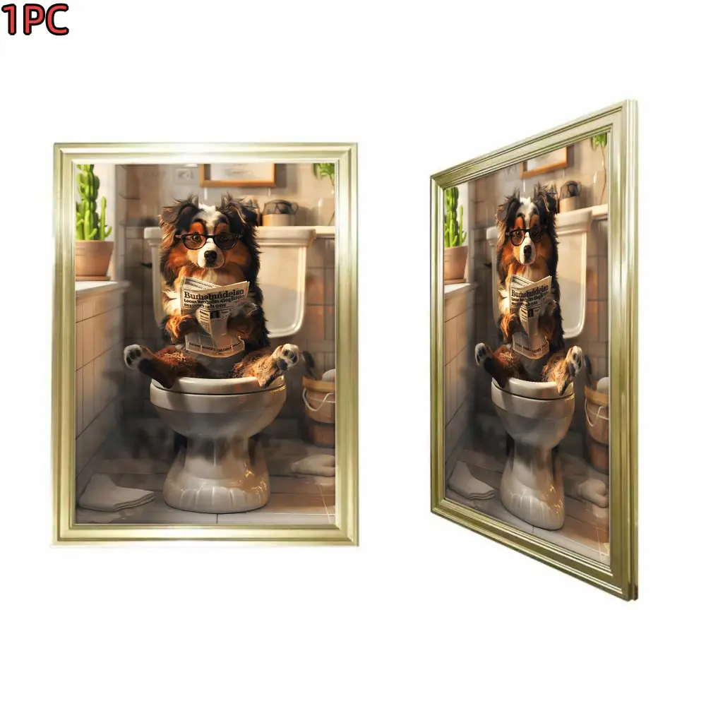 1pc Framed Gold Frame Framed Canvas Art Print With Dog Reading Newspaper On Toilet Humorous Animal Scene For Bathroom Living Room Bedroom Decorative Wall Art For Home Office And Study