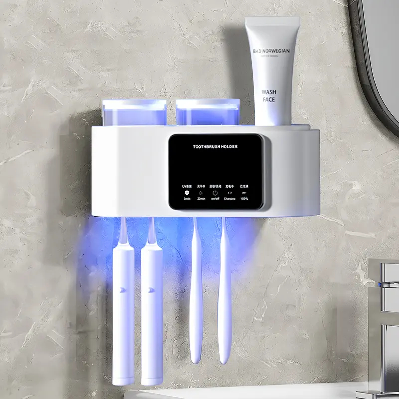White Modern Wall-Mounted Bathroom Accessory - UV Toothbrush Holder with 2 Tooth Cups, Waterproof Smart Sterilizer, Durable Firm Adhesive Tape, Effective Cleaning & Drying Organizer