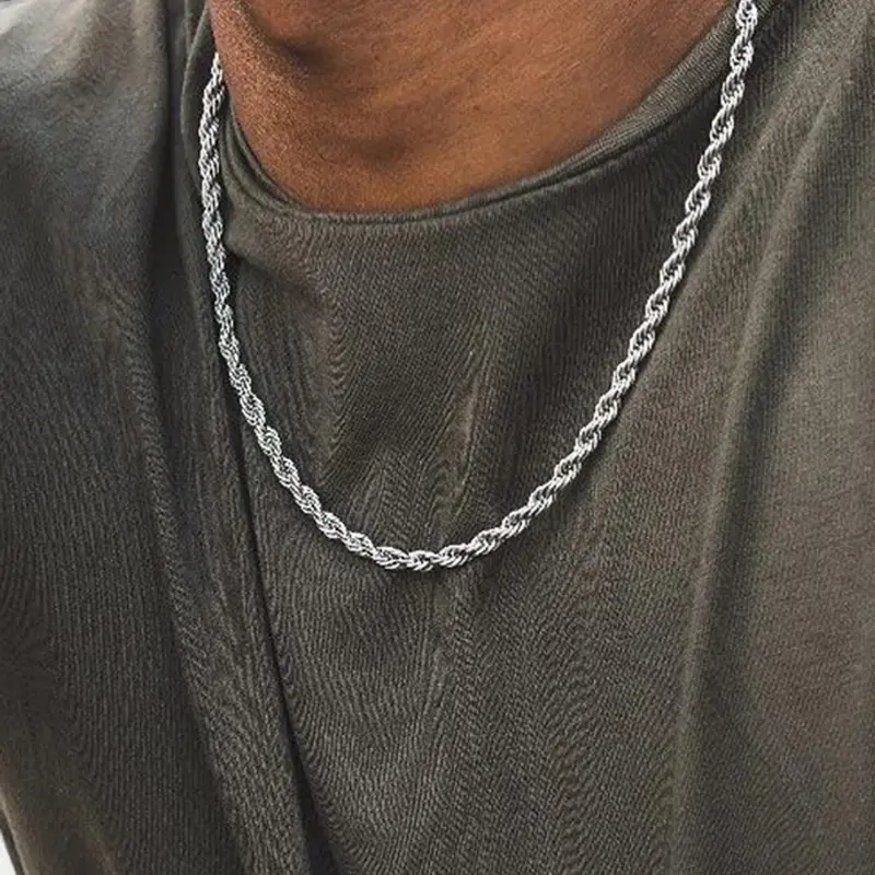 Men's Simple Plain Color Rope Chain Necklace, Stainless Steel Twisted Chain Necklace for Boyfriend, Durable Fashion Accessory