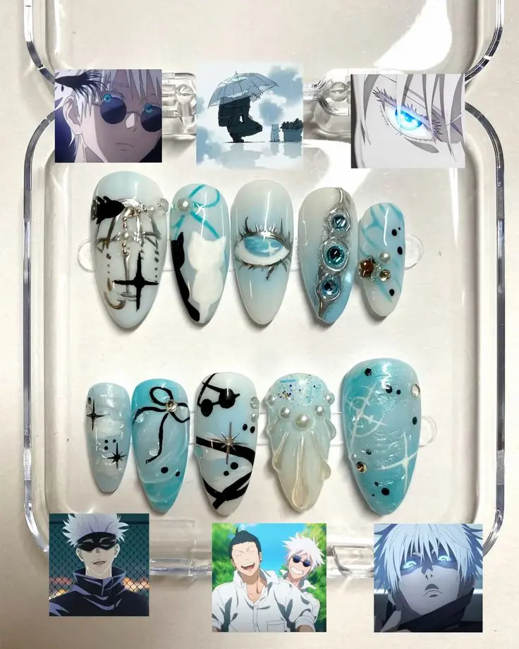 Gojo Geto Inspired Press On Nails, JJK Anime Fake Nails with Blue Six Eyes, 3D Rhinestones, Pearls, Stars & Cat Details | FREE Adhesive Tabs FREE Nail File FREE Cuticle Stick