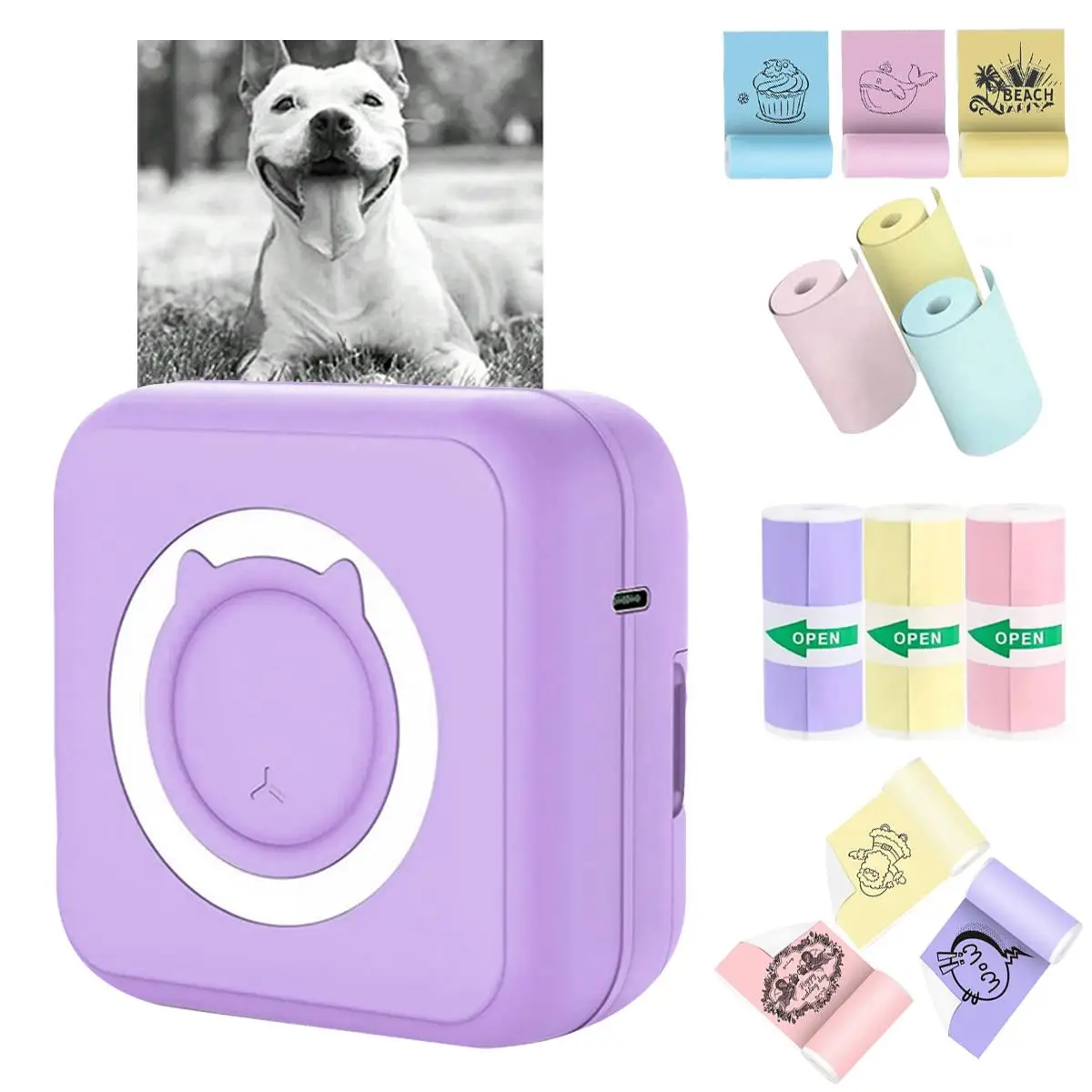 Portable Mini Printer, 1 Set Wireless Mini Sticker Printer with Colored Self-adhesive Stickers*3 & Colored Paper*3, Portable Mini Photo Printer for No
