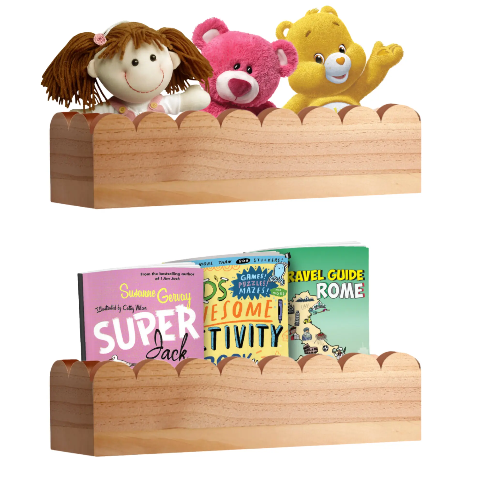 Scalloped Shelves - Set of 2 Pre-Assembled 15.6inch Floating Nursery Book Shelves, Pine wood book shelf - Kids Wall Bookshelf, Nursery Decor, Floating Shelves for Wall