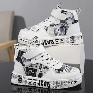 Kids’ trendy graffiti letter sneakers—soft cushioning that absorbs impact so kids don’t get tired when running and jumping; Velcro closure, no laces; unisex casual shoes for children.