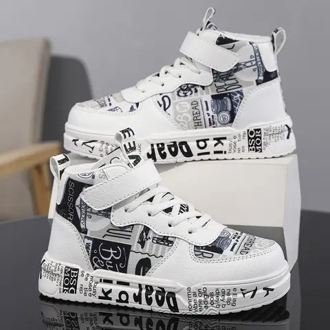 Kids’ trendy graffiti letter sneakers—soft cushioning that absorbs impact so kids don’t get tired when running and jumping; Velcro closure, no laces; unisex casual shoes for children.