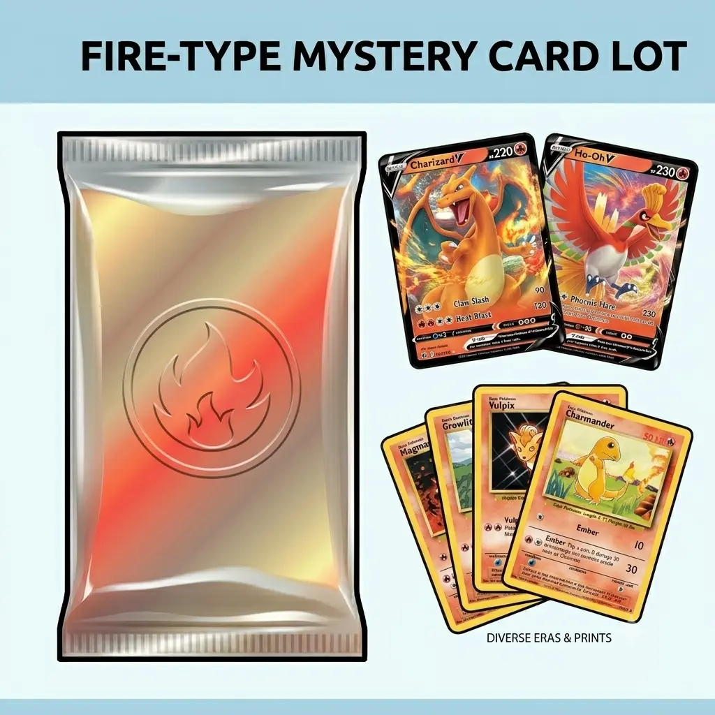 Mystery Pokemon Card Pack: FIRE TYPE | 10 Cards, All Eras | Holo + Reverse Holo Guaranteed