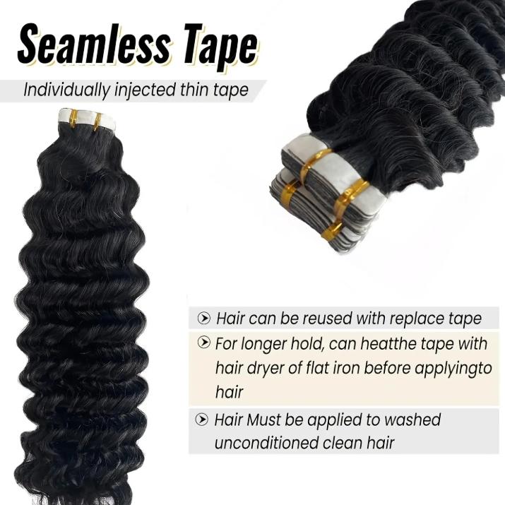 Human Hair Tape in Extensions for Women, Natural Black Remy Deep Wave 12-28 Inch, Seamless Double Weft Glue-In, Middle Eastern Collection 20pcs 30g, Suitable for All Ethnicities