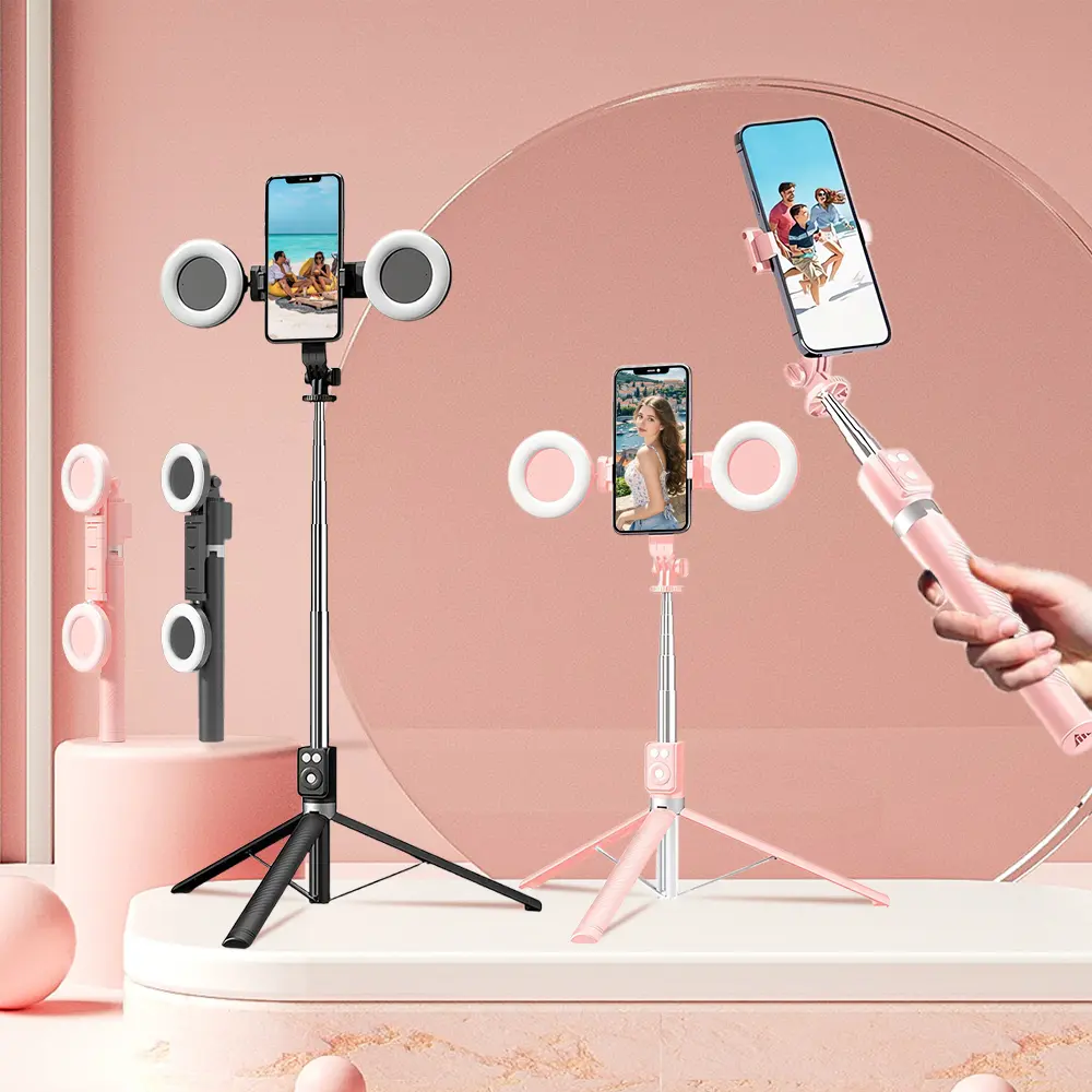 Phone Tripod & Selfie Stick with Dual Fill Lights & Bluetooth Remote - Portable Selfie Stick for Vlogging, Live Streaming, and Outdoor Travel, Compatible with iPhone Android Smartphones Cellphone Camera Mount Photography Flash