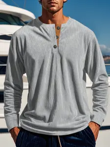 Men's Spring & Fall Striped Casual Fitted Long Sleeve T-Shirt, Independent Station Corduroy Henley Tee, Pure Color Design