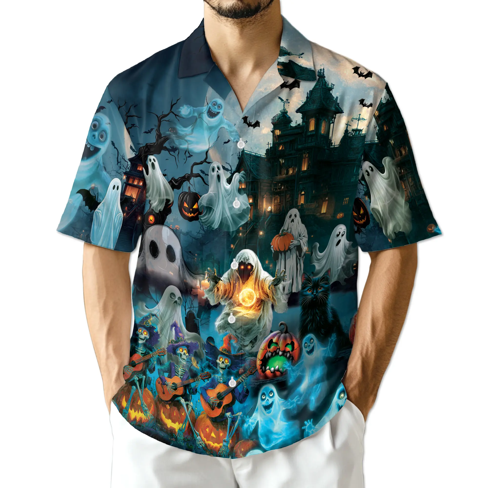 Halloween Ghost Hawaiian Shirt Men Haunted House Pumpkin Skeleton Short Sleeve Button Down Party Shirt