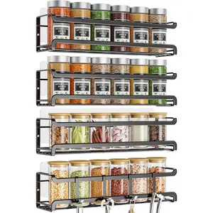 4-Pack Wall Mounted Spice Rack Organizer – Space-Saving Kitchen Storage for Spice Jars, Seasonings – Adhesive or Screw Mount for Cabinets & Pantry Doors Metal Decor