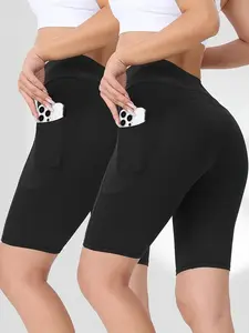 Female High-Waisted Compression Biker Shorts with Side Pockets, Cycling Spandex Fabric for Running, Yoga, Fitness, Ideal for Gym Workouts