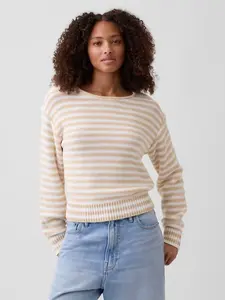 Women Relaxed Stripe Rollneck Sweater - Soapstone Beige