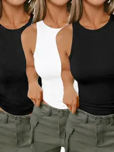 3-Pack Women's Basic Casual Sleeveless Crop Tank Tops, Slim Fit Crew Neck Camis for Layering & Daily Wear