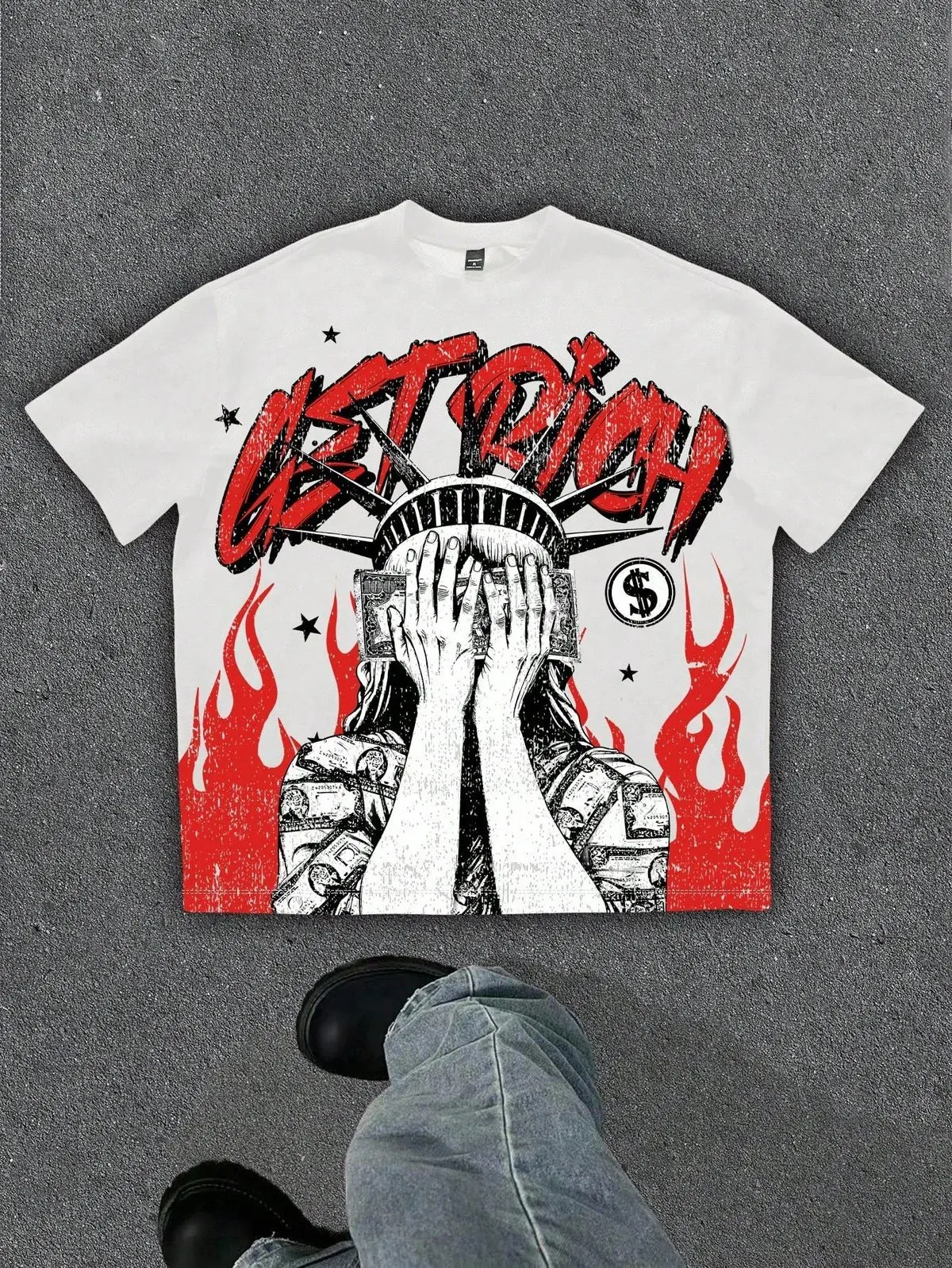 Y2K Grunge Get Rich Statue of Liberty Graphic Tee Heavyweight Cotton Vintage Streetwear T-Shirt Hip Hop Trap Flame Graphic Top Oversized Tee Gift US Trend