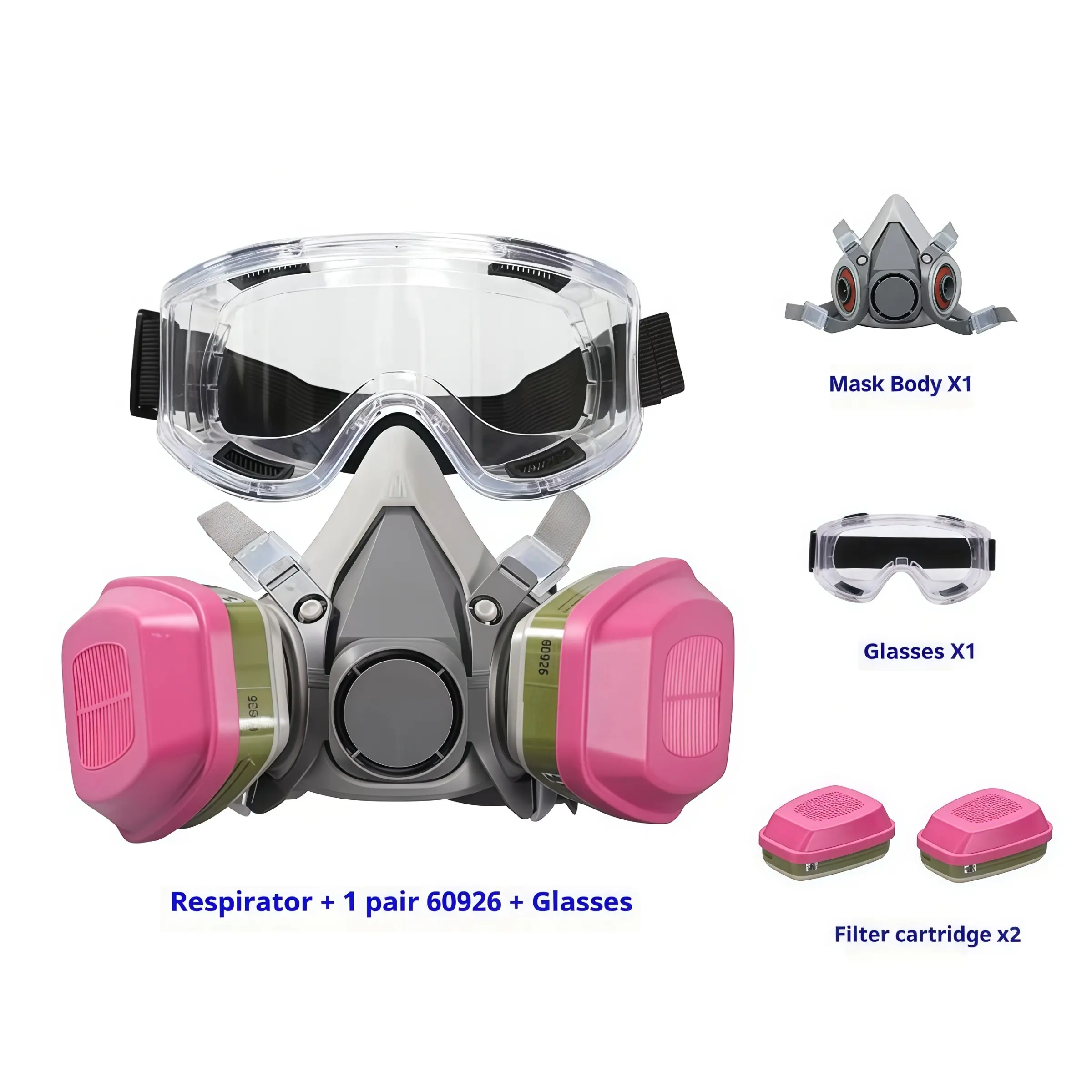 Half Face Respirator Mask with 60926 Filter, Reusable Dustproof Gasproof Mask with Anti-Fog Goggles, Ideal for Dust, Painting, Welding, Construction, Protective Mask