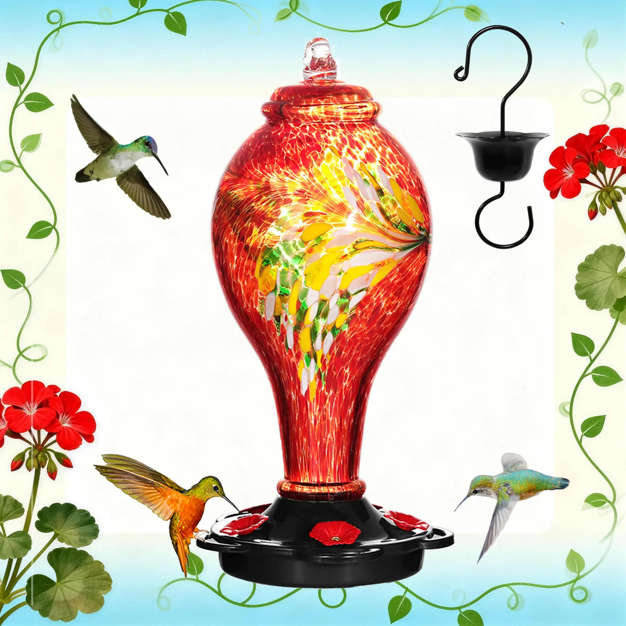 LUJII Large Handmade Hand-Blown Glass Hummingbird Feeder - 36 fl.oz Outdoor Detachable Bird Feeding Tool with 5 Stations, Ant Moat, Red Hanging Garden Decor, Holiday Gift for Bird Lovers, Not Smart Devices, None, Feeding Tools