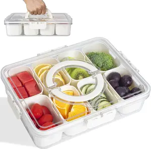 Plastic Divided Serving Tray with Lid and Handle, Transparent Snack Box for Food, Charcuterie, Sandwiches, Veggies, Fruit, Candy, and Kitchen Utensil