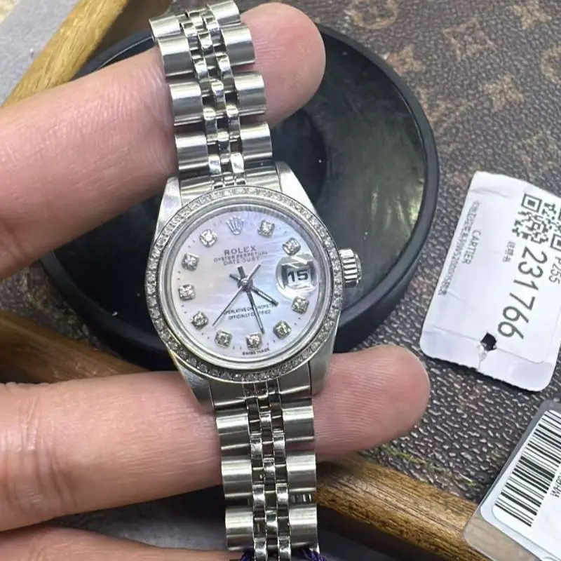 Rolex Lady-Datejust 26mm 69190 Automatic Custom White Mother of Pearl Dial Diamond Bezel Stainless Steel Women's Watch WHP042753