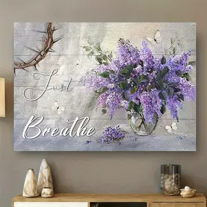 1pc Wooden Framed Canvas Painting Rustic Christian Lavender Art Prints Wall For Bedroom Living Room Decor Flower Wall Decor Purple Lavender Country Just Breathe Pictures With Framed Ready To Hang Gift