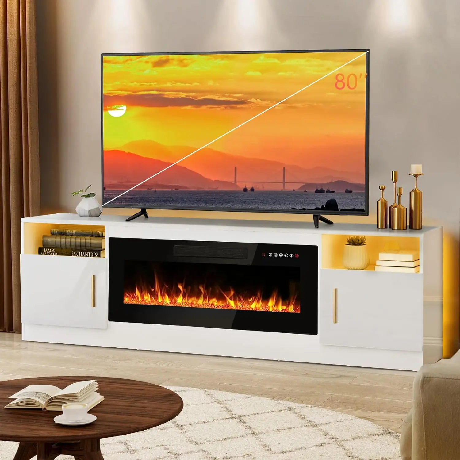 【Limited time deal】 BM-LZR Fireplace tv Stand with 36 inch Fireplace Up to 80" TVs,LED Light Entertainment Center and Storage, 70" Modern Wood Media TV Console with Highlight Cabinet for Living Room (White)
