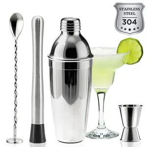 Professional 304 Stainless Steel Cocktail Shaker Set, 26oz Shaker with Jigger, Bar Spoon & Ice Muddler - Complete Bartending Kit for Beginners