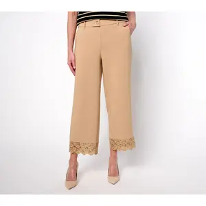 Isaac Mizrahi Live! Petite Crepe Wide Leg Crop Pants with Lace Trim