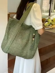 2026 New Fashion Beach Bag, Large Capacity Woven Straw Handbag, Tassel Embroidered Shoulder Tote, Stylish Summer Accessory