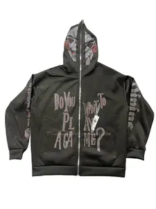 Streetwear Fashion Gothic Hip Hop Rhinestone Letter Hooded Cardigan Full Zip Loose Fit Unisex Trendy Brand Sweatshirt Jacket Men's Hooded Sweatshirt with Zipper Closure