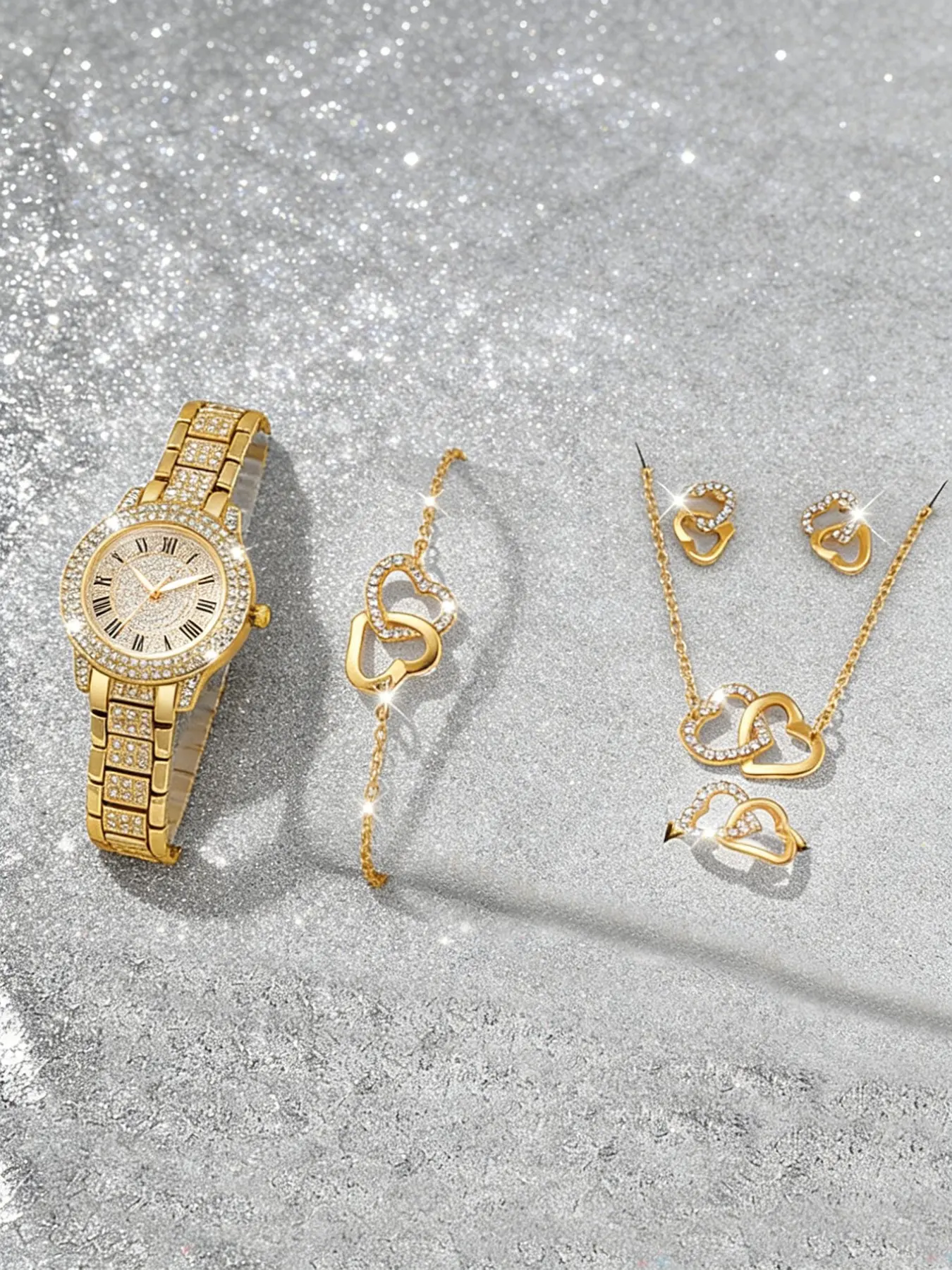 Women's Elegant Fashion Watch & Jewelry Set, Round Dial Analog Quartz Watch & Bracelet & Necklace & Ring & Earrings, Exquisite Watch Set with Box, Fashionable Jewelry Set, Heart Shine Set, Trendy Jewelry Set