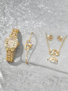 Women's Elegant Fashion Watch & Jewelry Set, Round Dial Analog Quartz Watch & Bracelet & Necklace & Ring & Earrings, Exquisite Watch Set with Box, Fashionable Jewelry Set