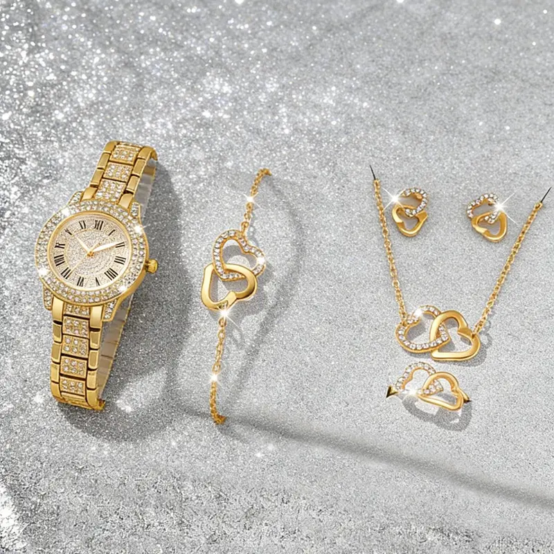 Women's Elegant Fashion Watch & Jewelry Set, Round Dial Analog Quartz Watch & Bracelet & Necklace & Ring & Earrings, Exquisite Watch Set with Box, Fashionable Jewelry Set, Heart Shine Set, Trendy Jewelry Set