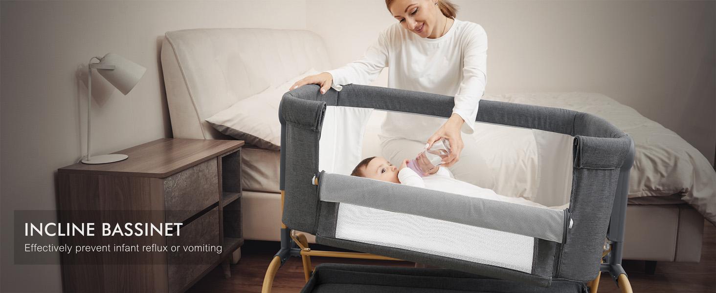 Angelbliss 3 in 1 Baby Bassinet with Comfy Mattress, 6 Height Adjustable, Easy Folding, Portable Bedside Crib for Newborn Infants