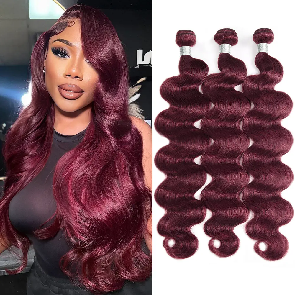 Brazilian Hair Bundles, #99J Burgundy Body Wave Weave with 4x4 Lace Closure, 12-30 Inch for Long Hair Styles
