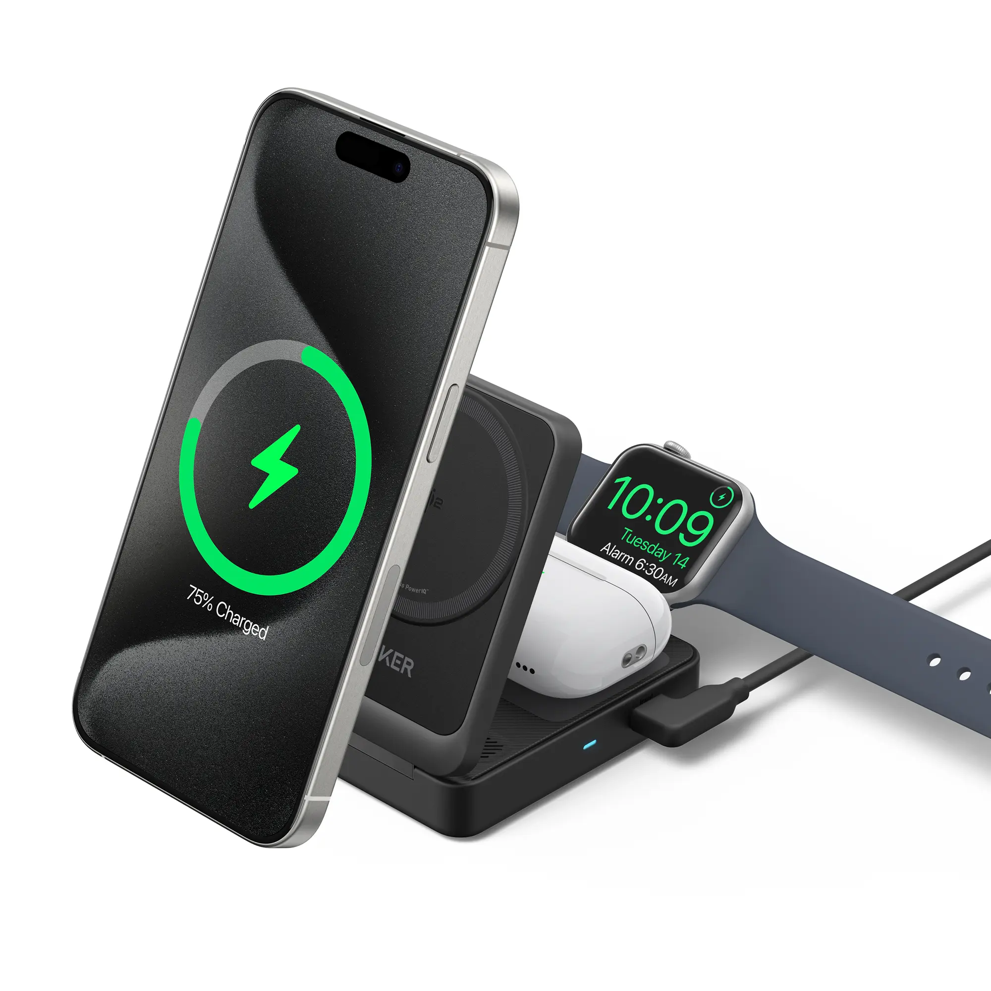 Anker MagGo Qi2 3-in-1 Foldable Charging Station, 15W Wireless Charger for iPhone/AirPods/Apple Watch