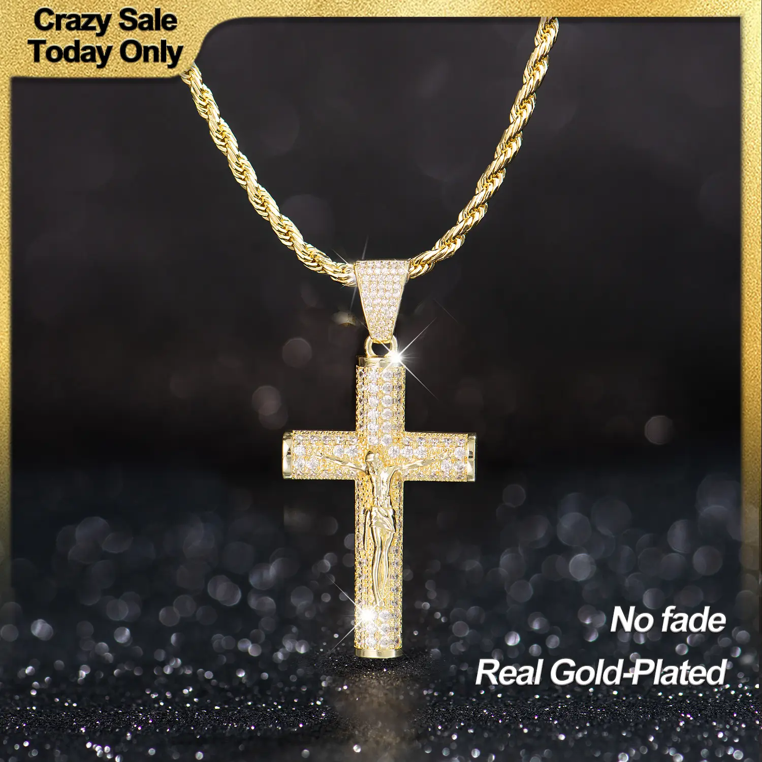 Holylegend 14K Real Gold-Plated Cross Necklace for Men, Advanced Nanotech Tarnish-Free Rope Miami Cuban Figaro Chains with Jesus Crucifix Pendant, 24”