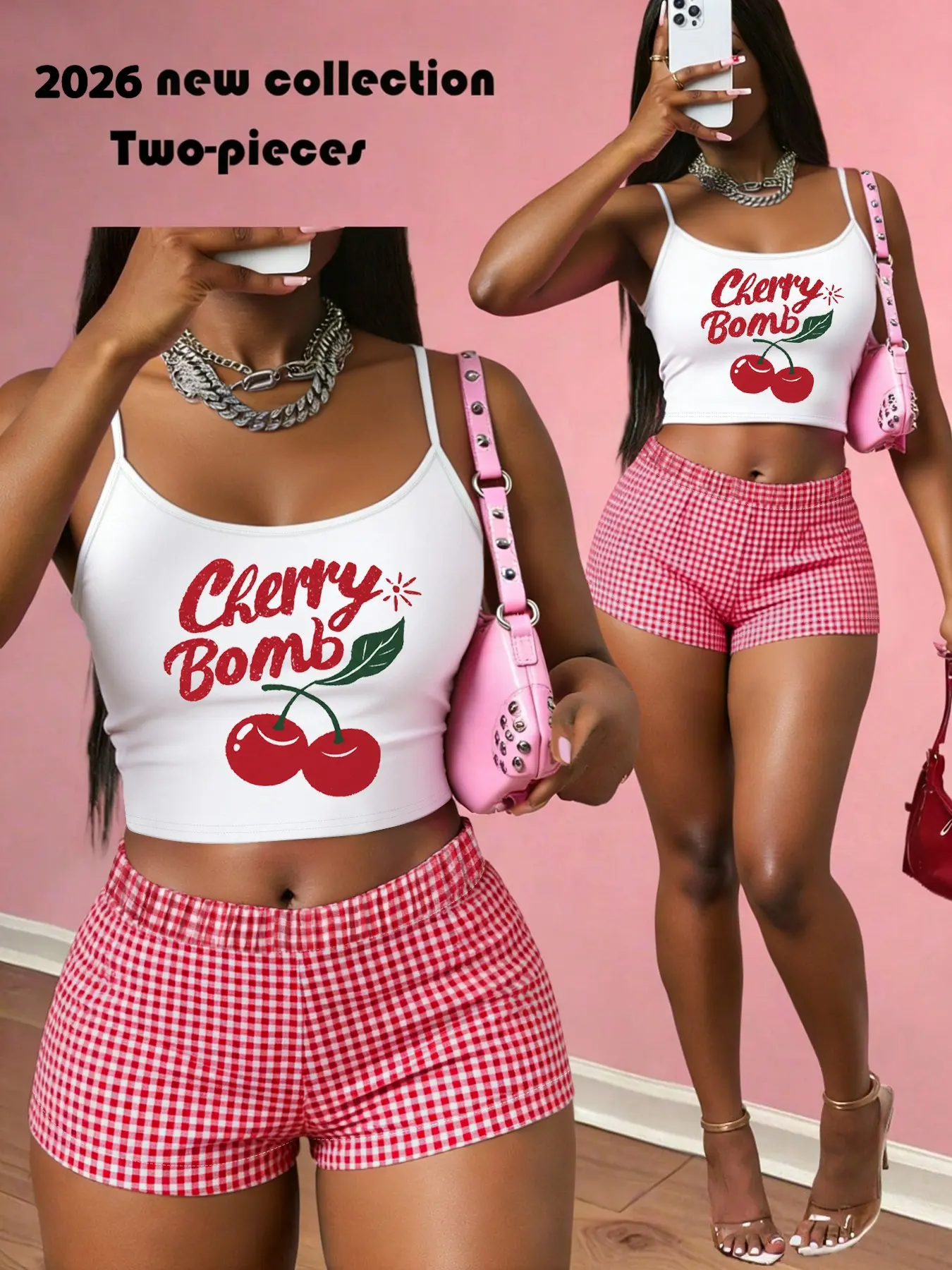 2026 New Collection Cherry Print Short Sleeve Crop Top & Red Plaid Shorts Two Piece Set, Cute Sweet Summer Outfit Clothes Women