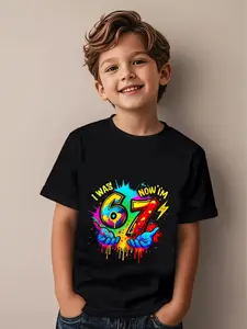 Boy And Girl Summer New Short-Sleeved Round-Neck T-Shirt, Funny Shirt, I Was 6 Now I'm 7 Rainbow Splatter Ink 67 Digital Print Top, Cool And Unique Casual Children's Clothing For Daily And Outdoor Use, Suitable For All Occasions