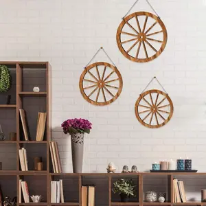 3 Pcs 3-in-1 Hangable Wooden Wagon Wheel Ornaments (Style 2), Vintage Western Rustic Farmhouse Wall Hanging for Home & Garden Decor